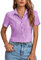LYANER Damen Rippstrickkragen V-Ausschnitt Knopfleiste Rüschen Tirm Kurzarm Crop Top Bluse Shirt, Flieder, Groß