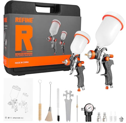 REFINE HVLP Lot de 2 pistolets à peinture à air comprimé 1,0 mm 100 ml et 1,4/1,7 mm 600 ml avec régulateur d'air pour peinture de voiture, apprêt, couche de finition et retouche, meubles, peinture de