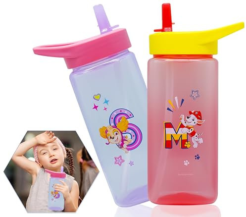 HOVUK Lot de 2 gobelets à paille imprimés Paw Patrol Marshall et Skye - 420 ml - Paille pop-up en silicone - Sans BPA - Pour enfants de 6 mois et plus