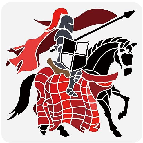 FINGERINSPIRE Ritter auf Pferd, Schablonen, 30 x 30 cm, Spears, Schilde, Schablone, Kunststoff, Ritter und Pferd, wiederverwendbar, DIY, Kunst und Handwerk, Schablone für Wand, Fenster, Boden,