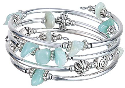 FULU AUTUMN Damen Boho Armband mit Mehrschichtiges Perlen Silber Wickelarmband Modeschmuck Geschenke zum Geburtstag und Muttertag für Frauen(19-Green)