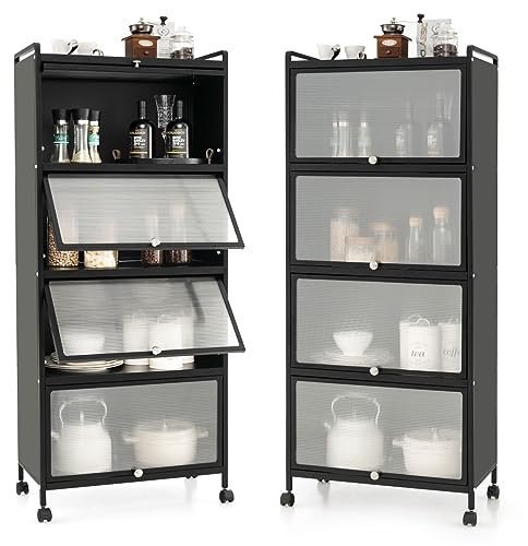 GOPLUS Meuble Cuisine à 5 Niveaux avec Étagère et Porte Anti-poussière, 60 x 32 x 154 CM, Buffet Cuisine avec Plateau Grand, Roues Pivotantes 360°, Charge 75 KG, Anti-basculement, Idéal pour Buffet