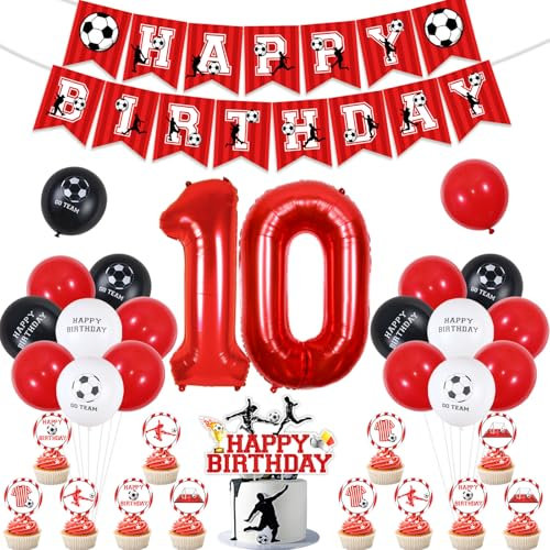 10 Geburtstag Fußball Dekorationen für Jungen Rot, Fußball Happy Birthday Banner, Fußball Kuchen Cupcake Topper, Fußball Luftballons Rot Schwarz Weiß, Rot 10 Folienballon für Sport Fußball Thema