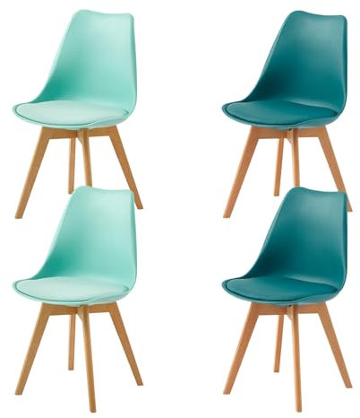 H.J WeDoo 4er Set Esszimmerstühle,Skandinavisch Design Küchenstühle,mit Lederkissen und Beinen aus Massivem Buchenholz,2Mintgrün + 2Türkis