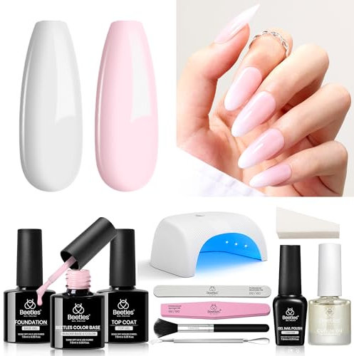Beetles 18 Stck Starterset Rosa Farbverlauf- UV Gel mit Nagellampe Alles-in-1, Nacktes Rosa Farbe Unterlack Weiß Top Coat DIY Maniküre zu Hause Color Gel