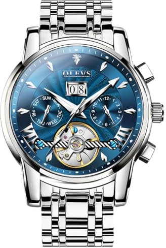 OUPINKE Herrenuhr Automatik Luxus Skelett Mechanik Blau Zifferblatt mit Diamanten Tourbillon Tag Datum Wasserdicht Luminous Silber Edelstahlarmband
