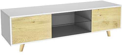 Habitat et Jardin Meuble TV LED Inna - 140 x 42 x 45 cm - Blanc/Chêne