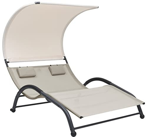 ARKEM Doppel-Sonnenliege mit Sonnendach Textilene Creme Doppelliege Garten Sonnenliege Wasserbett