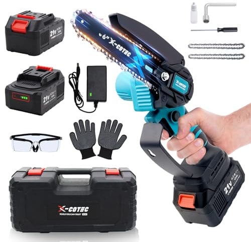 X-COTEC Mini Chainsaw Cordless 6 Inch, Light Weight Chain Saw Brushless, with Safety Lock & 2 Chains, Small Battery Saw with 2x4000mAh Battery, Garden Electric Chain Saw to Cut Wood Tree