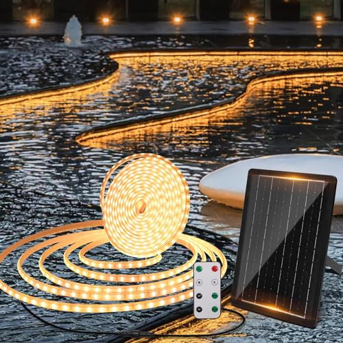 Aigostar Tira LED Solar Exterior 10M con Control Remoto, 100W Tira LED Exterior Impermeable IP65 600 LEDs, Kit de Instalacion para Placa Solar, Jardín, Patio, Camino, Fiesta, Escalera, Luz Calida