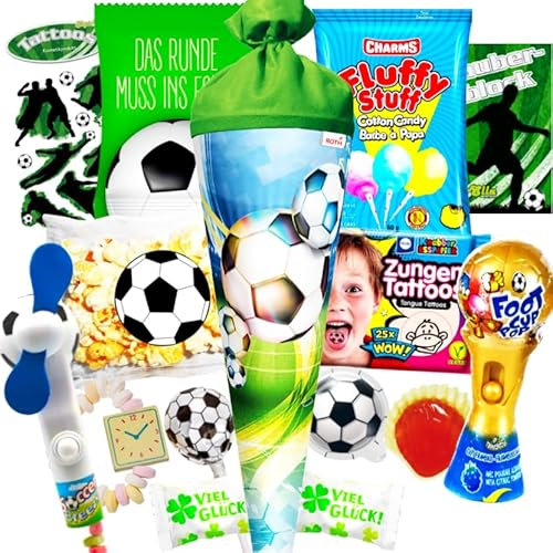 sweets aus aller welt Schultüte Fussball gefüllt - 70 cm Schultüte groß mit Süßigkeiten & Spielzeug- Zuckertüte mit Fußball Schultüte Jungen Füllung - Schultüte für den perfekten Schulstart
