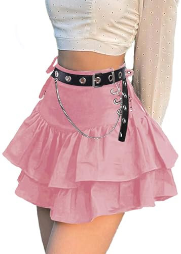 Gotico Street Sexy Bandage Volant Gonna a strati Donna Vita Alta Solido Criss Cross Tie Up A-Line Minigonna a Pieghe Gonne, 2-rosa+cintura, XXL