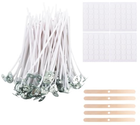 ASelected 200Pcs Candle Wicks for Making Candles, 10cm Candle Wick Set, 5pcs Wick Holders & 200pcs Glue Dots for Candle Making, DIY Candle Crafts