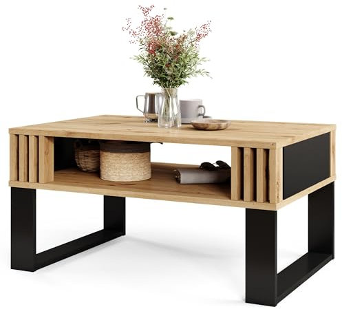 Viosimc Moderner Couchtisch mit Holzdekor-Lamellen, Rechteckiger Wohnzimmertisch mit Regal und Dekorativen Lamellen, Eleganter Zentraler Tisch für Wohnzimmer im Zeitgenössischen Design