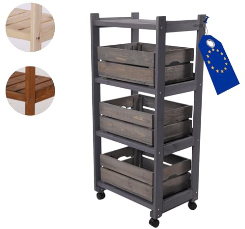MODO24 Gemüseregal, Kistenregal mit 4 Ebenen, Holzregal mit Rollen, Grau