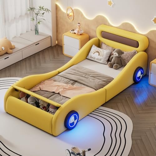 LLODERY Kinderbett in Autoform 90 x 200 cm, modernes Polsterbett in Form eines Autos mit beleuchteten Rädern und Stauraum. Einzelbett mit Lattenrost für Jungen oder Mädchen, PU-Leder, gelb