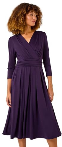 Roman Fit and Flare Dress for Women Ladies Chest Twist Knot Ruched Tea Skater Empire Waist Wedding Guest Smart Casual Swing Midi 3/4 Long Sleeve Knee Length - Purple - Size 16