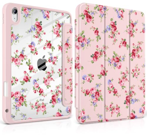 Loyrina Case for iPad (A16) 11th Generation 11 inch 2025 /iPad 10th Gen 10.9 2022- Cute Patterns Light Pink Cover with Clear Back Shell Auto Wake Sleep Trifold Stand & Pencil Holder, Elegant Rose