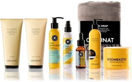 COCUNAT – Definierte Locken Routine Shampoo, Conditioner, Serum, Spray, Leave-in, Booster, Maske – Feuchtigkeit, Definition und Anti-Frizz – Inklusive Haarturban