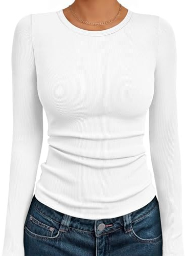 Suncife Women Long Sleeve Casual Ribbed T-Shirts Top Crewneck Knit Slim Fit Rib Tunic Tshirt (White,S)