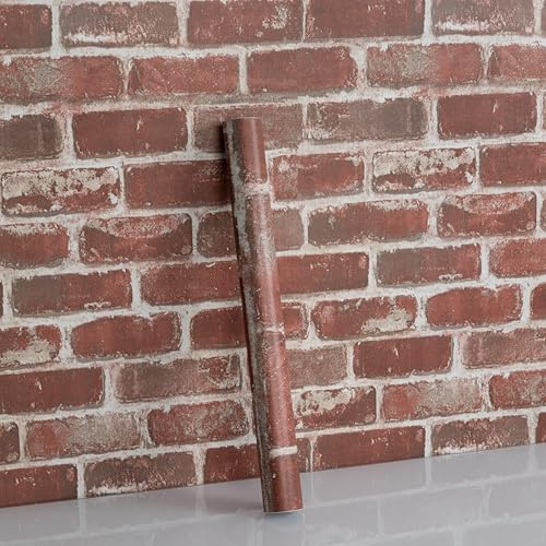 Hode Selbstklebend Tapete Steinoptik Rot 44.5x600cm, Ziegel Klebefolie Möbel Vintage, Selbstklebende Folie Wasserdicht für Küche Schlafzimmer Wand, Backstein Stein Tapeten
