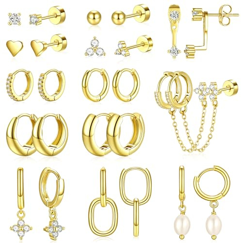 Turandoss 13 Paar Ohrstecker Gold für Damen, 14K Vergoldete Hypoallergene Ohrringe Medizinische Creolen Ohrstecker Ohrringe Hängend Stecker Ohrhänger Tropfen Ohrring Helix Knorpel Piercing Ohr Schmuck