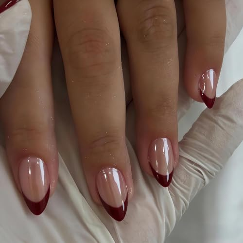 SXVME Chrome French Tip Press On Nails Short Almond, 30 Pcs Glazed Plum Red False Nails Press ons With Mirror Effect, Reusable Long-Lasting Sparkle French Artificial Nails for Women Wedding
