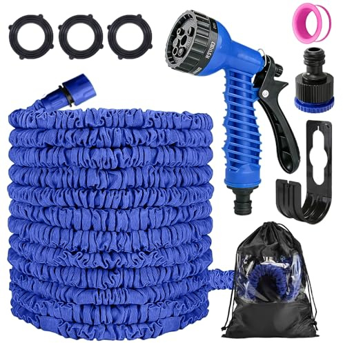 Garden Hose, Expandable Hose Pipe with 7 Modes Spray Gun, 3 Times Flexible Expanding Garden Hose Pipe, Anti-Leakage Water Hose Pipe with Connectors for Gardening, Patio, Car Washing (Blue, 75FT)