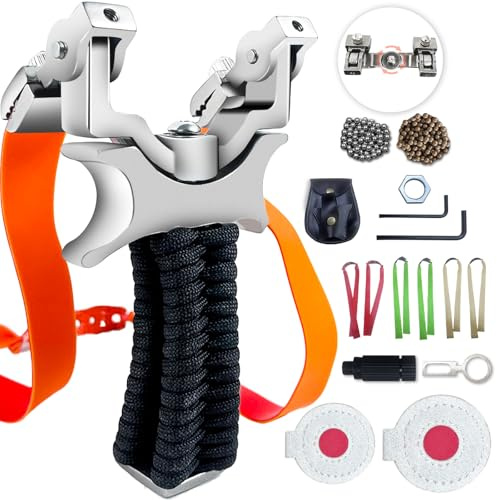 Profi Zwille Steinschleuder Set für Outdoor Training: 360° drehbarer Bogenkopf – Ergonomischer Griff mit Handschlaufe – inkl. 6 Gummibänder 200 Trainingskugeln