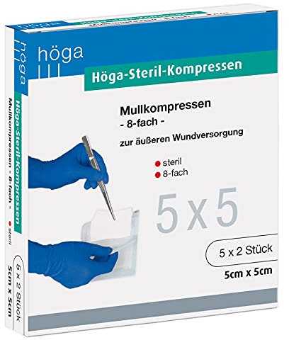 höga compresas de estériles, estériles Mull compresas – 5 x 5 cm – 5 x 2 unidades, estériles, 8 enchufes, en 14079 tipo de 17, pack de 3