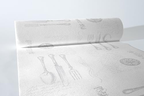 Sovie HORECA Tischläufer Elisabeth Silber-Weiß, 40 cm x 24 m Rolle, Linclass® Airlaid, alle 120 cm perforiert, Design mit Besteck und Schriftzügen „Guten Appetit“ & „Enjoy Your Meal“