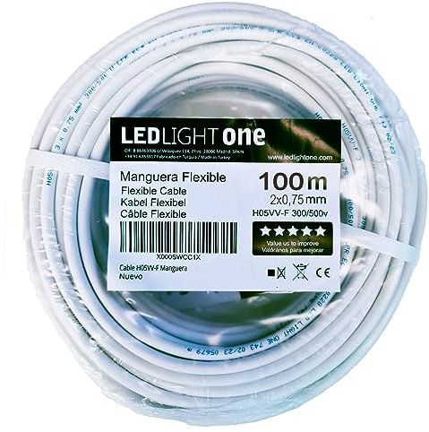 Led Light One Cavo H05VV-F Tubo 2x0,75 mm 100 m (bianco) Tensione di servizio: 500 V Temperatura massima di lavoro 70 °. Cavi per installazioni fisse e mobili in locali domestici e uffici.