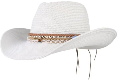 GEMVIE Summer Cowboy Cowgirl Hat Unisex Roll up Brim Fedora Straw Sun Hat Western Cowboy Hat Straw Beach Cap White