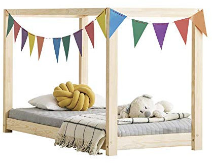 Selsey DALIDDA – Kinderbett Himmelbett mit Lattenrost Kiefernholz skandinavisch naturbelassen, 80x200 cm