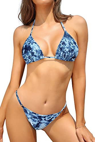 SHEKINI Damen Bikini Set Klassischer Triangel Rückenfrei Bikinioberteil Verstellbare Bademode Brasilianer Niedrige Taille Tanga Bikinihose Zweiteiliger Badeanzug(S,Muster Blau)