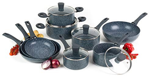 Russell Hobbs COMBO-4836A Pots and Pans Set – 9-Piece Cookware Pan Set for Induction Hobs, Non-Stick Frying Pans, Saucepans, Stockpots, Stay Cool Handles, Blue Marble Cooking Set, Nightfall Stone