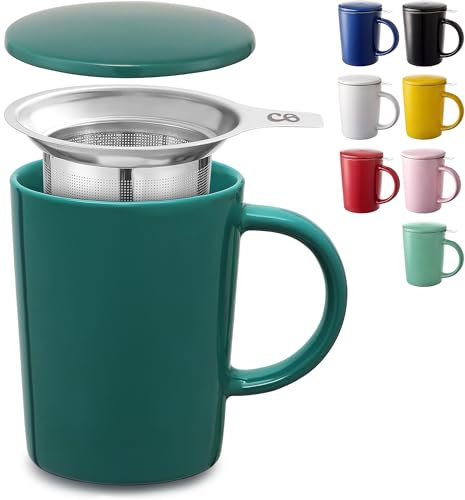 Cosumy Teetasse mit Sieb und Deckel - Keramik Dunkelteal - Hält Lange warm - 400ml Groß - Spülmaschinenfest