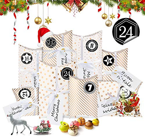 Adventskalender zum Befüllen, Weihnachtskalender Box, Klein Geschenkschachtel Weihnachten Geschenkbox Kraftpapier 24STK, DIY Bastel mit Zahlenaufklebern Etikettenkarte Juteschnur 10M(Gold)