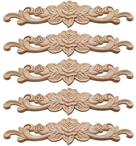 Ecke Holz Ornament Holzornamente Lange Holzschnitzerei Applikation Holzornamente für Schrank Onlay Applique Möbel Ecken Möbel Dekor Schnitzerei Onlay Applique Möbel Hause Tür DIY Handgemacht(5 Stück)