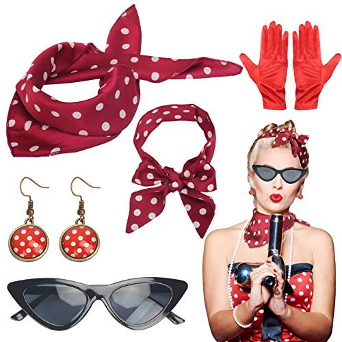 LOPOTIN 5TLG 50er Jahre Accessoires Rockabilly Damen Kleider 60er Jahre Kleidung Zubehör 1950s Kostüm Set mit Chiffon Schal Polka Dot Stirnband Katzen Auge Brille Sixties Damenkostüm für Motoparty