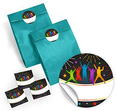 12 Geschenktüten/blau + 12 Aufkleber Jump Party Trampolin für Mitgebsel Gastgeschenk beim Kindergeburtstag Jungen Mädchen