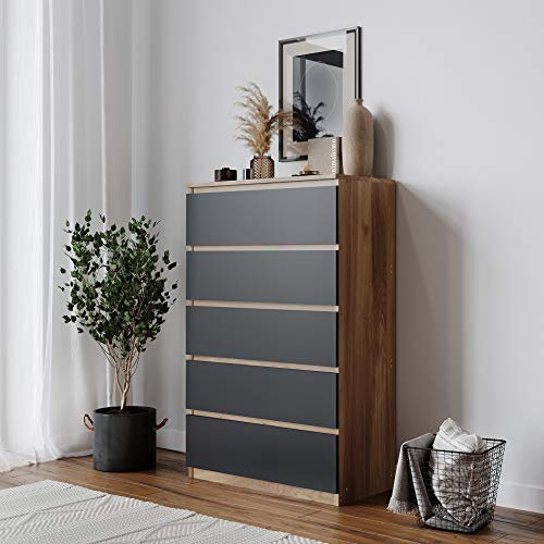 URBNLIVING 4 Or 5 Drawer Skagen Wooden Bedroom Chest Cabinet No Handle Storage Cupboard Modern (Oak Carcass + Black Drawers, 5 Drawers)