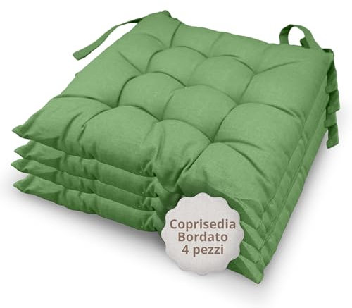 casaviva Set mit 4 Stuhlkissen mit 9 Steppnähten und Schnürsenkeln, hergestellt in Italien, handgefertigt aus 100% bedruckter Baumwolle mit Leinenoptik, luxuriöser 7 cm dick gepolstert (Salbeigrün)