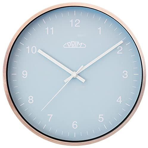 PRIM Design Wanduhr Matt Gloss – A, Hellblau/Rosé Gold, Aluminiumgehäuse, Quarz-Uhrwerk Sweep, schöne Wand-Deko ∅ 294 x 42 mm, Wand-Dekoration für Büro, Wohnzimmer, Schlafzimmer, Küche, jeden Raum