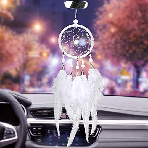 Betylifoy Kleiner Traumfänger Handgemachte Gitter Feder Traumfänger Auto Innen Rückspiegel Hängende Ornament Boho Fenster Hängende Dekorationen Bastelgeschenke (Weiß)