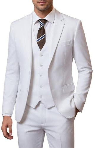 ZKHOECR Conjunto de traje entallado de 3 piezas para hombre, blazer de dos botones, color liso, chaqueta, chaleco, pantalones, traje de boda y negocios, Blanco, X-Small