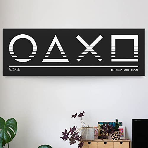 Panorama Wandbild für Gamer & Zocker, Statement Leinwand Wandbild 150x50cm cm groß, abstrakte Gamepad Controller Zeichen als Leinwandbild, zur Deko für Jugendzimmer, Zockerzimmer, Kinderzimmer