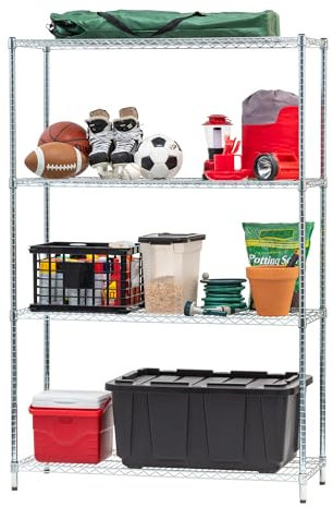 Iris Ohyama, Schwerlastregal, Aufbewahrungsmöbel aus Metall, Metallregal mit 4 Ebenen, Stecksystem, höhenverstellbar, Küche, Garage, Büro - Metal Rack MR-WT4 - Silber