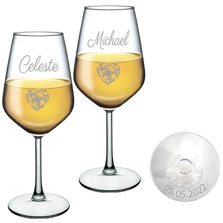 MASTERLASER3.0 Verre à vin personnalisé, verre à vin blanc gravé, personnalisable avec nom, initiales, date et différents caractères. Idée cadeau (2 pièces)