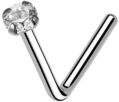AZARIO LONDON 2,5 mm runder Cz-Stein 14 K Weißgold 18 Gauge L-förmiger Nasenstecker Winziger Nasenring L-förmiger Nasenring 14 K Gold Nasenstecker zierlicher Nasenstecker Dünner Nasenring